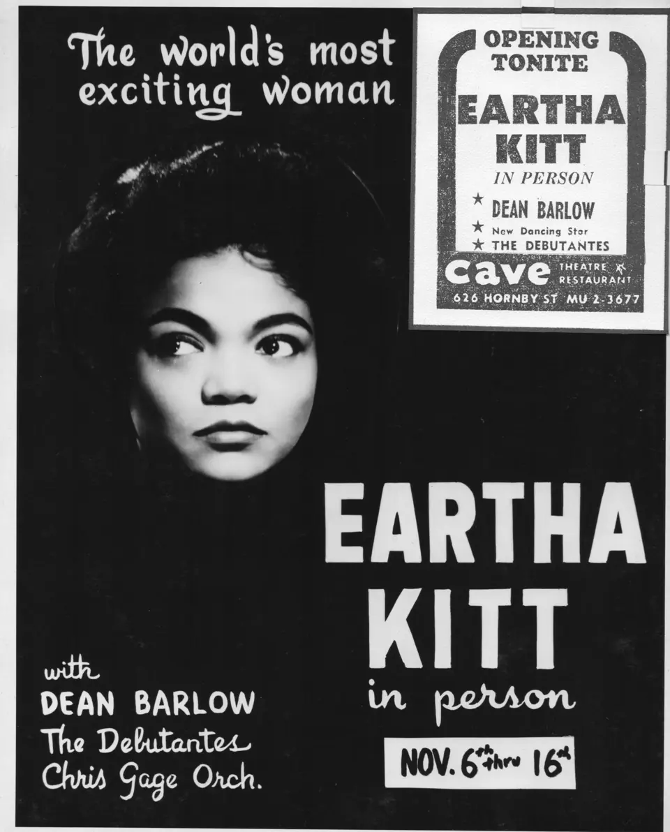 Poster for Eartha Kitt in person at The Cave in Vancouver, with Dean Barlow on the bill, 1960