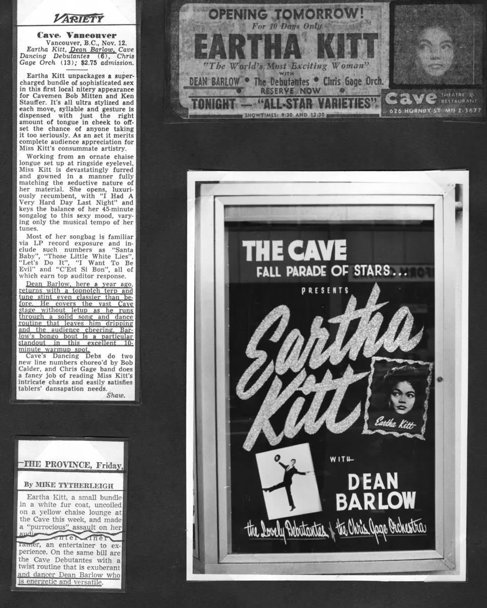 Scrapbook page of clippings and an Eartha Kitt display at The Cave, with Dean Barlow on the bill, 1960