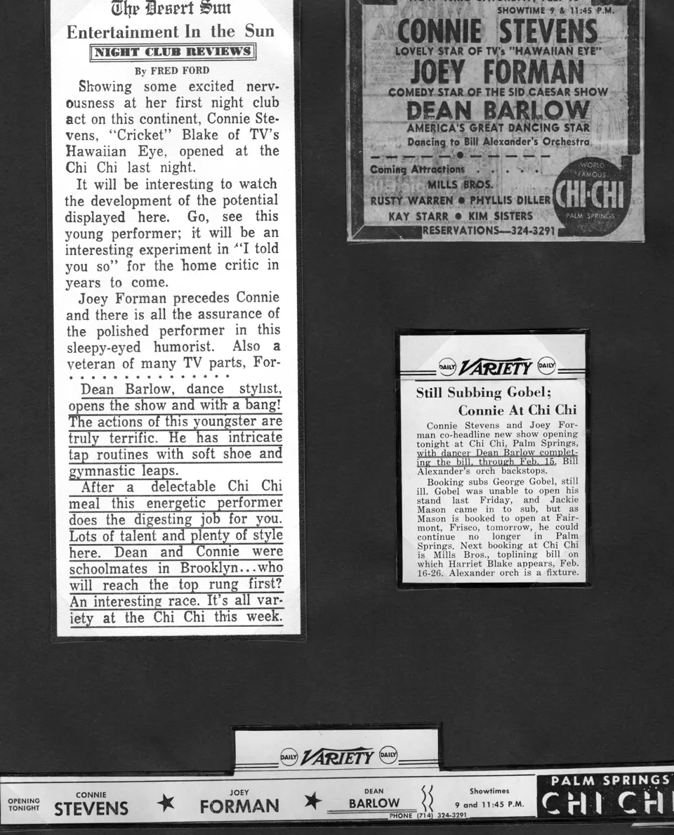 Newspaper column and Chi Chi advertisement billing Connie Stevens, Joey Forman and Dean Barlow, 1960