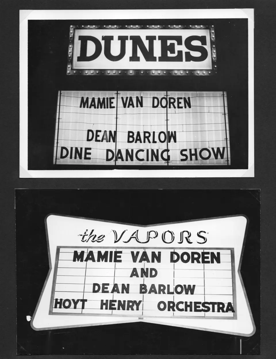 Marquees at the Dunes and the Vapors in Hot Springs, Arkansas, billing Mamie Van Doren and Dean Barlow, 1964