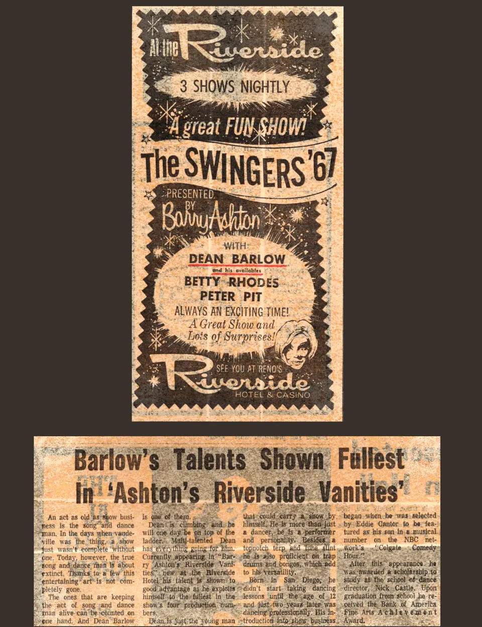 Riverside program for The Swingers '67 with Dean Barlow, above a newspaper review, 1967