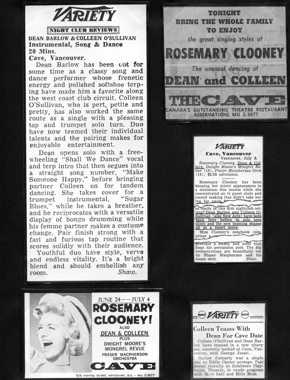 Variety article and ads billing Dean and Colleen, 1968