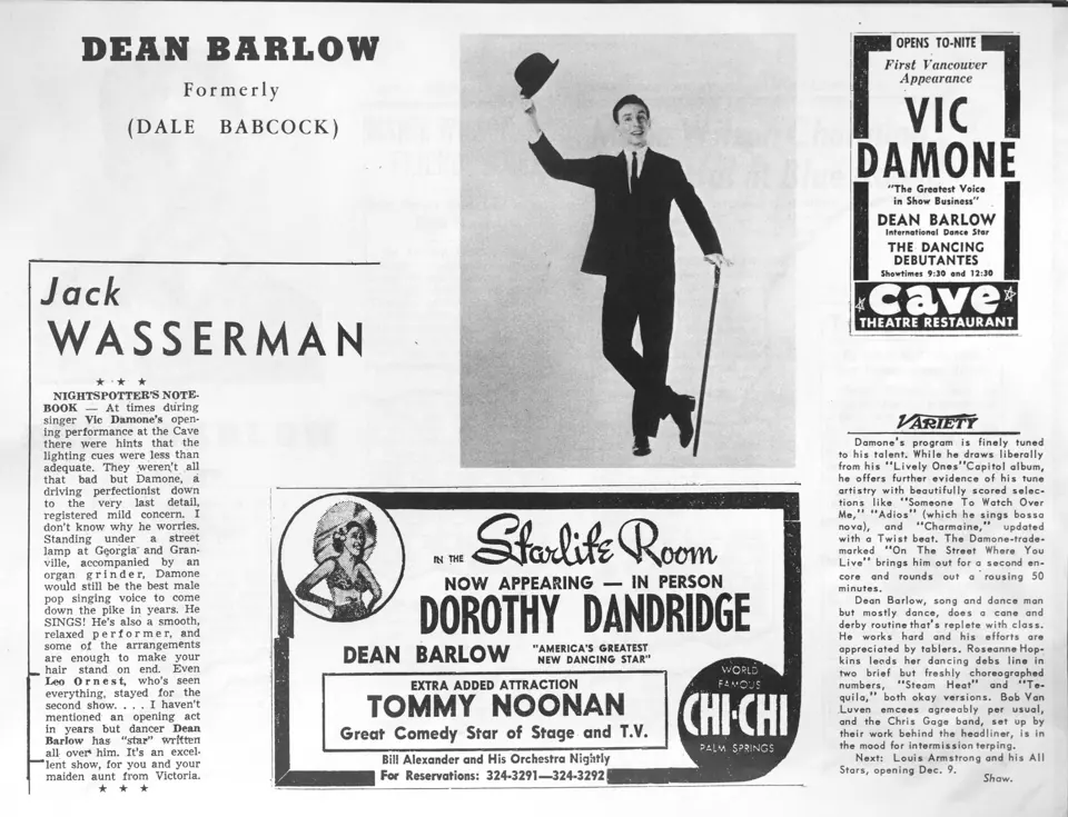 Publicity page with a Jack Wasserman column, a portrait of Dean Barlow with derby and cane, and ads from The Cave and the Chi Chi