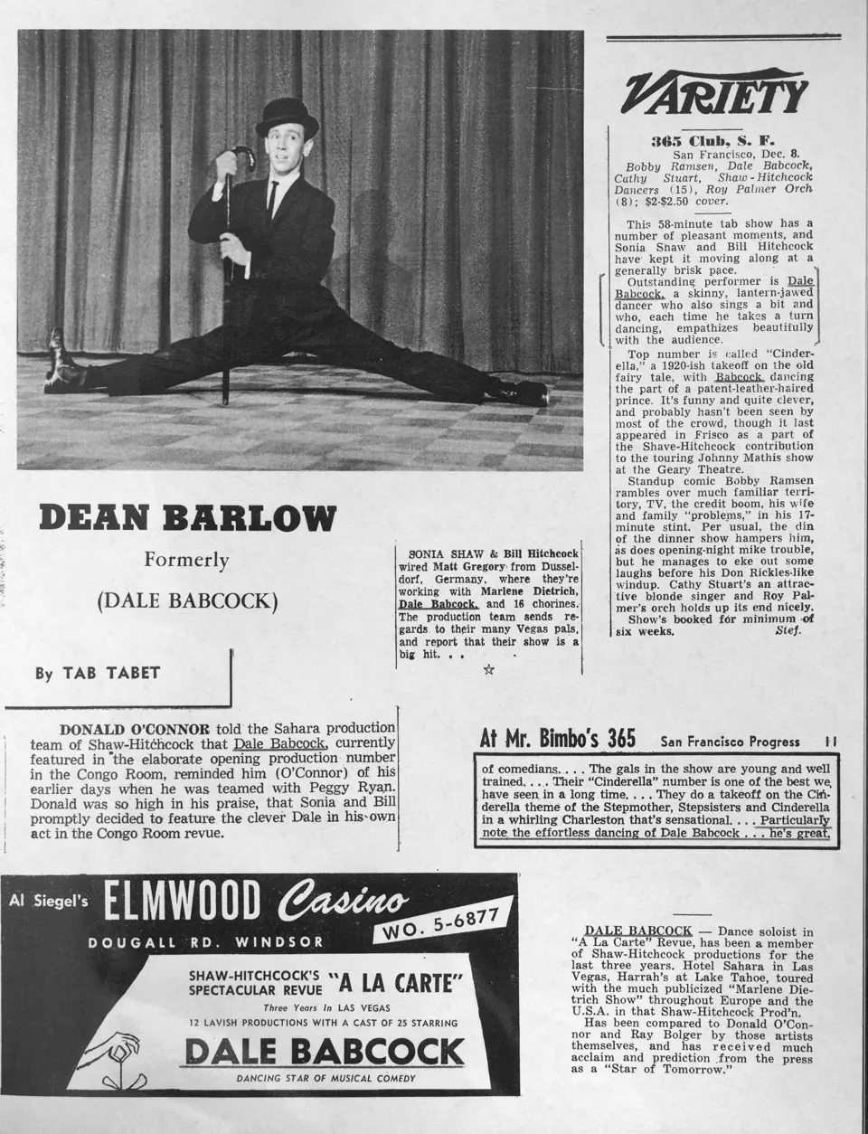 Variety review, a photo of Dean Barlow in a split and an Elmwood Casino ad