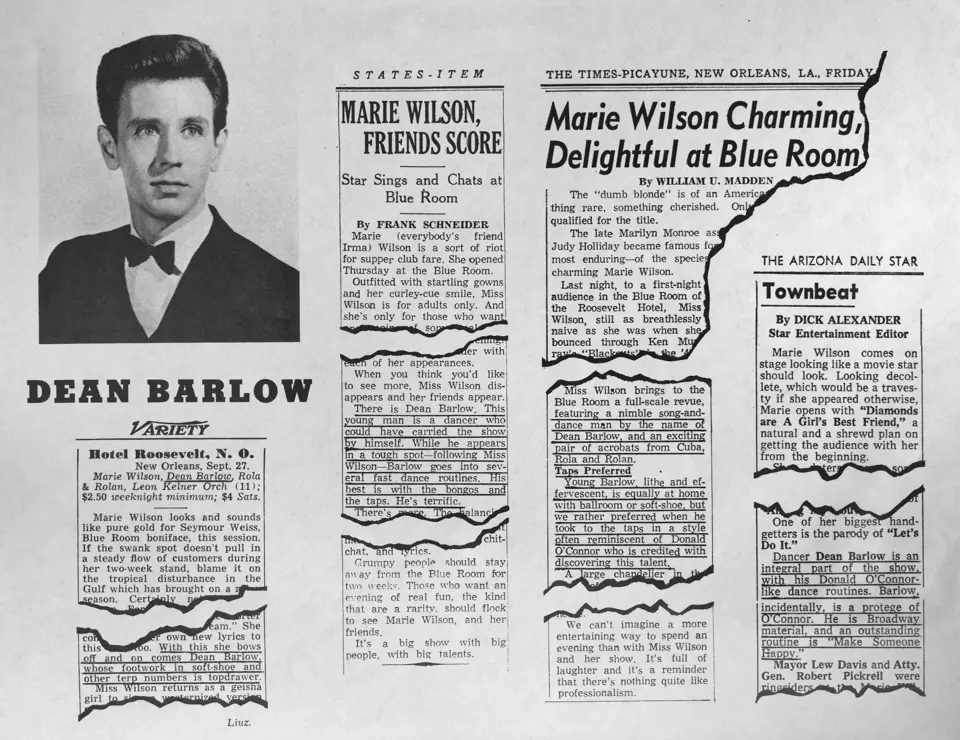 Press clippings about Dean Barlow, with his portrait and Blue Room reviews