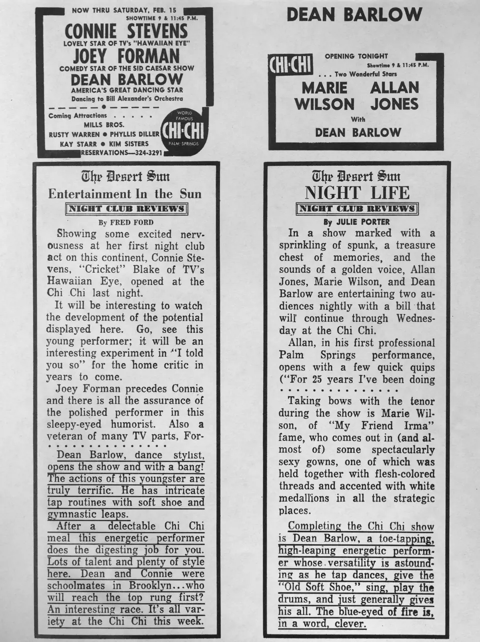 Newspaper columns and ads billing Dean Barlow with Connie Stevens, Marie Wilson and Allan Jones